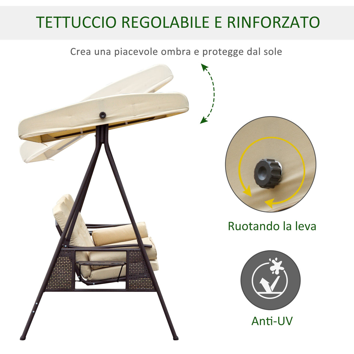 easycomfort dondolo da giardino 3 posti con tetto inclinabile e cuscini imbottiti