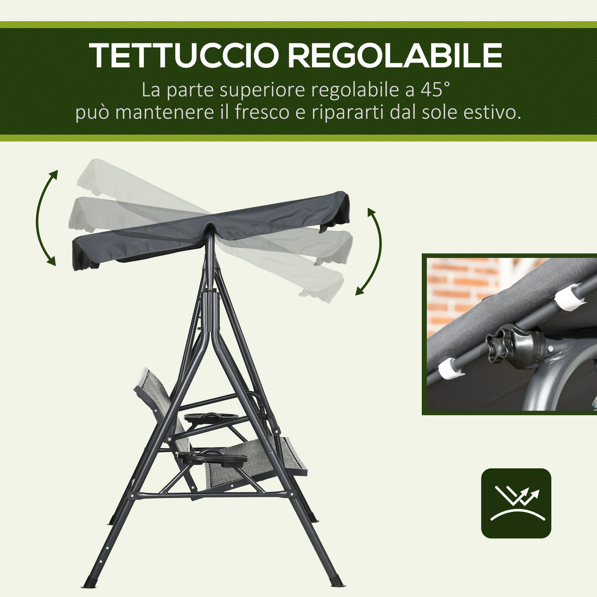 easycomfort dondolo da giardino 3 posti in rattan pe e acciaio con tettuccio regolabile e portabicchieri 204x112x150 cm