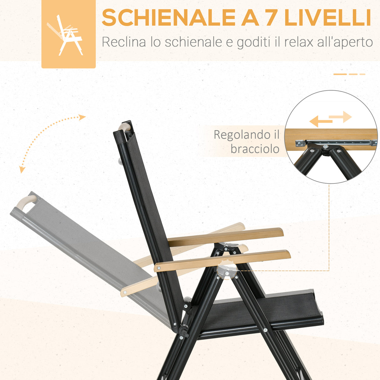 easycomfort easycomfort set 7pz tavolo con sedie da giardino pieghevoli e regolabili in texteline nero