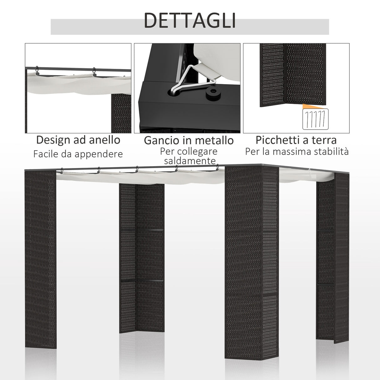 easycomfort easycomfort gazebo pergola da giardino 3x3m con tenda scorrevole struttura in metallo e rattan pe nero