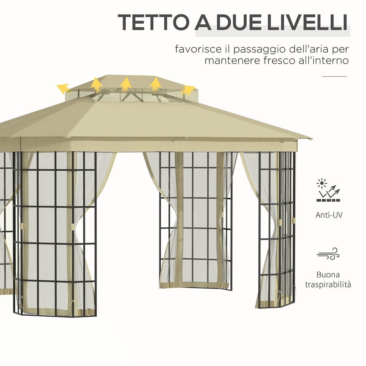 easycomfort gazebo da giardino con zanzariera tetto a 2 livelli e struttura in metallo 3.7x3m beige