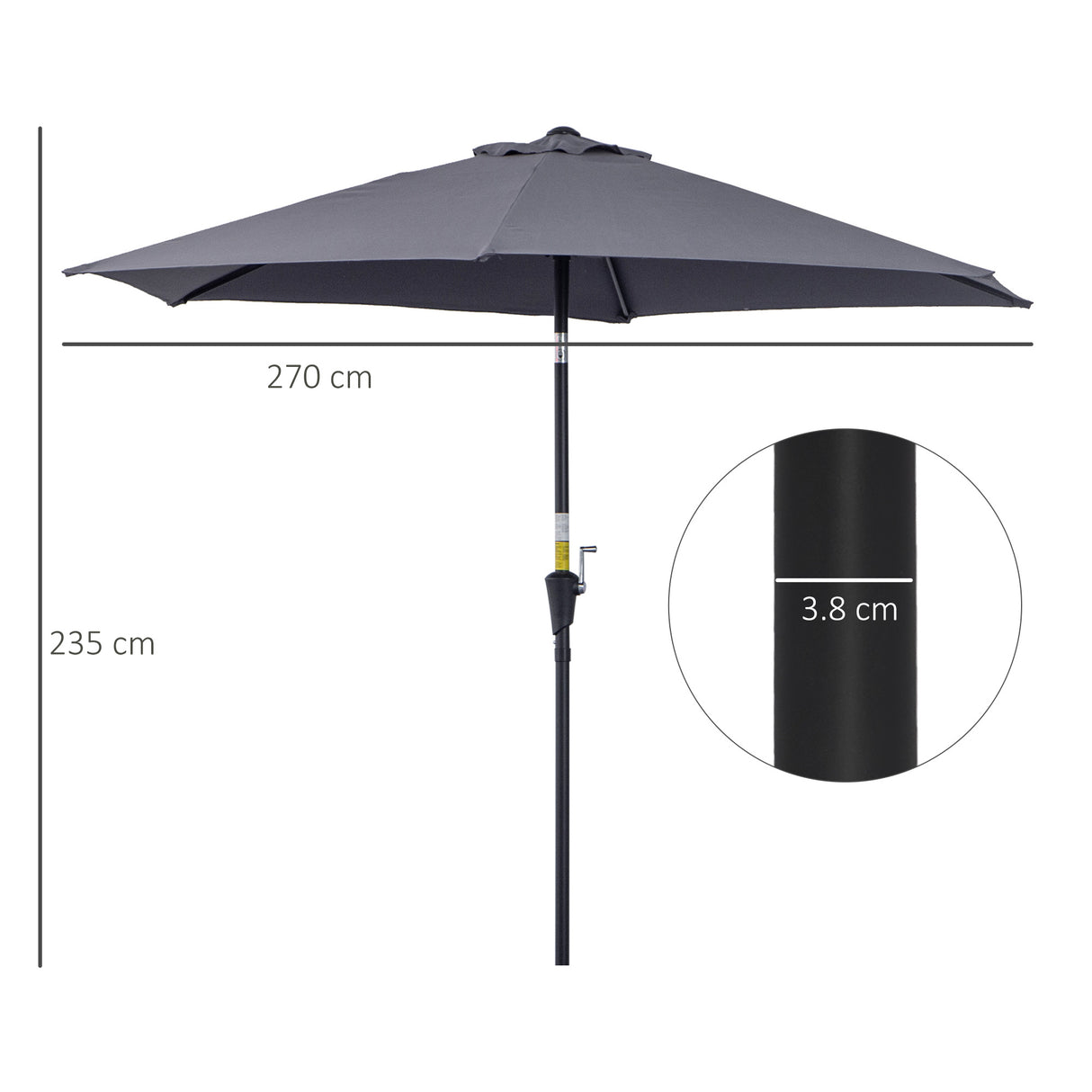easycomfort ombrellone da giardino 2.7x2.4 m inclinabile con manovella in alluminio e poliestere grigio e nero