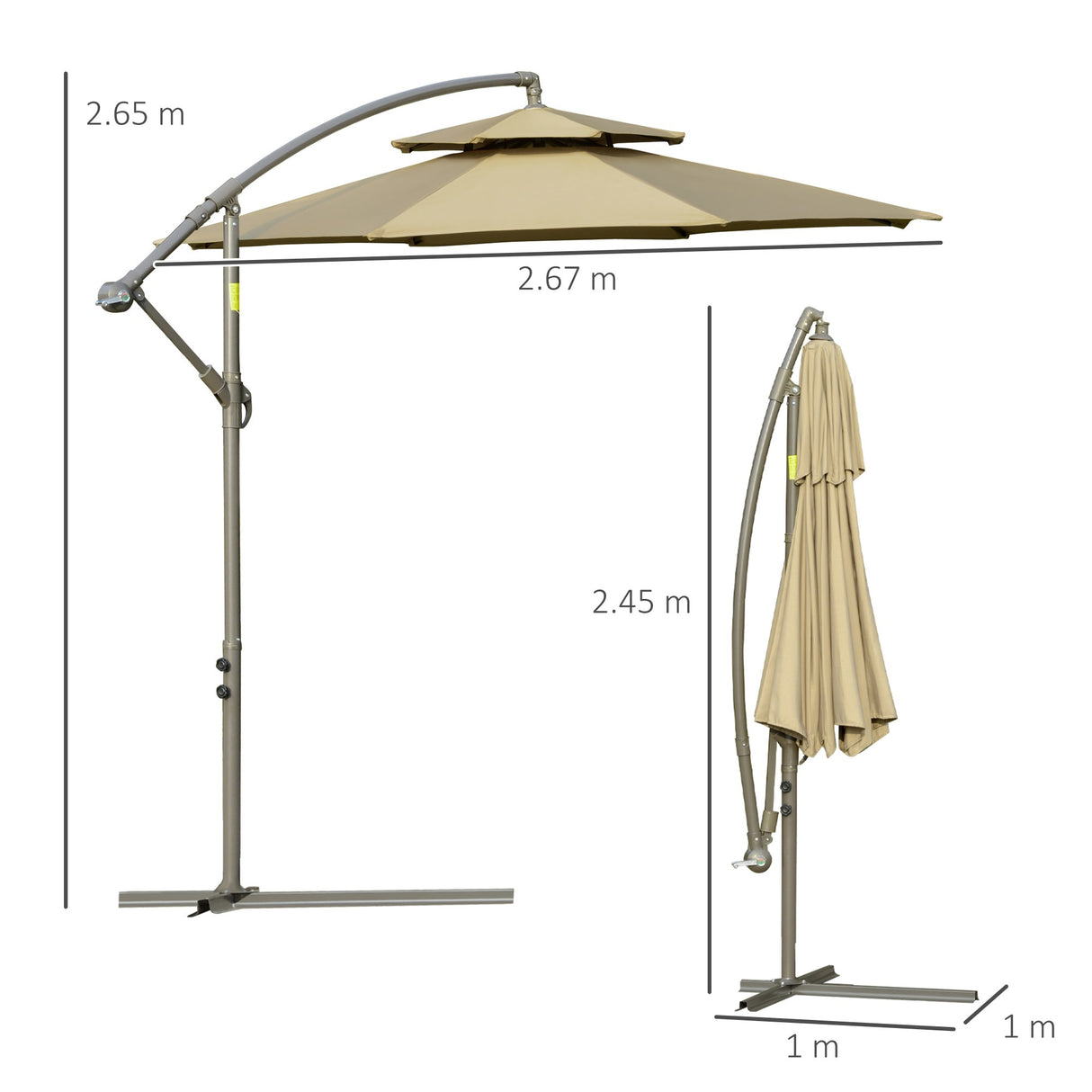 easycomfort ombrellone a braccio da esterni 2.7x2.7 cm con tettuccio regolabile a 2 livelli e base a croce marrone