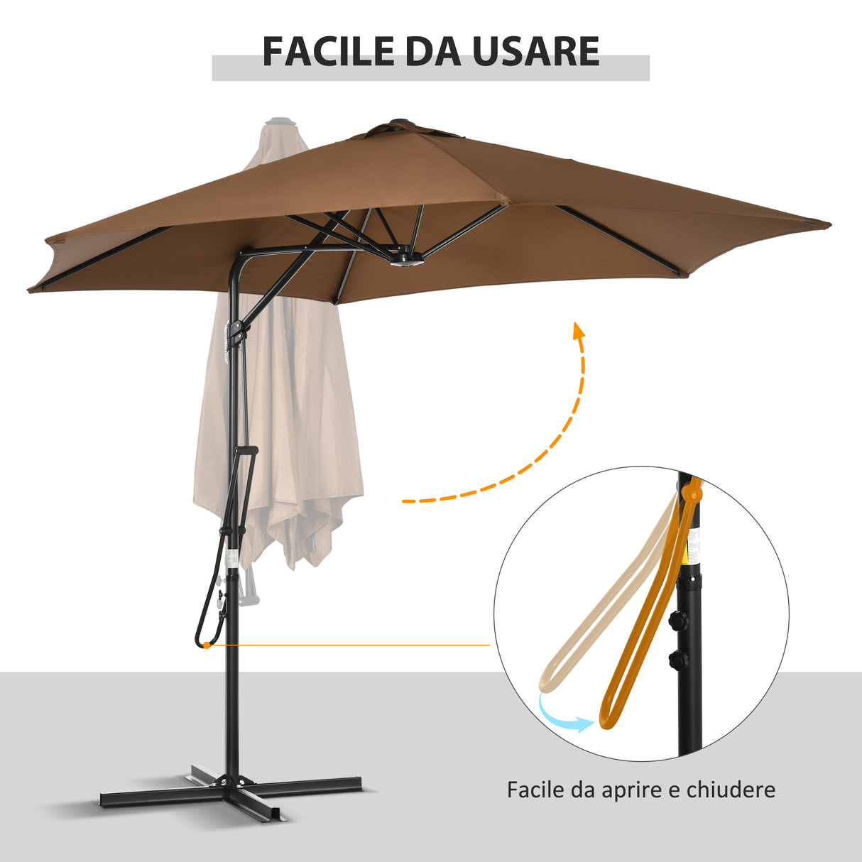 easycomfort ombrellone da giardino 3x2.5 m in metallo e poliestere a 6 stecche con base a croce marrone