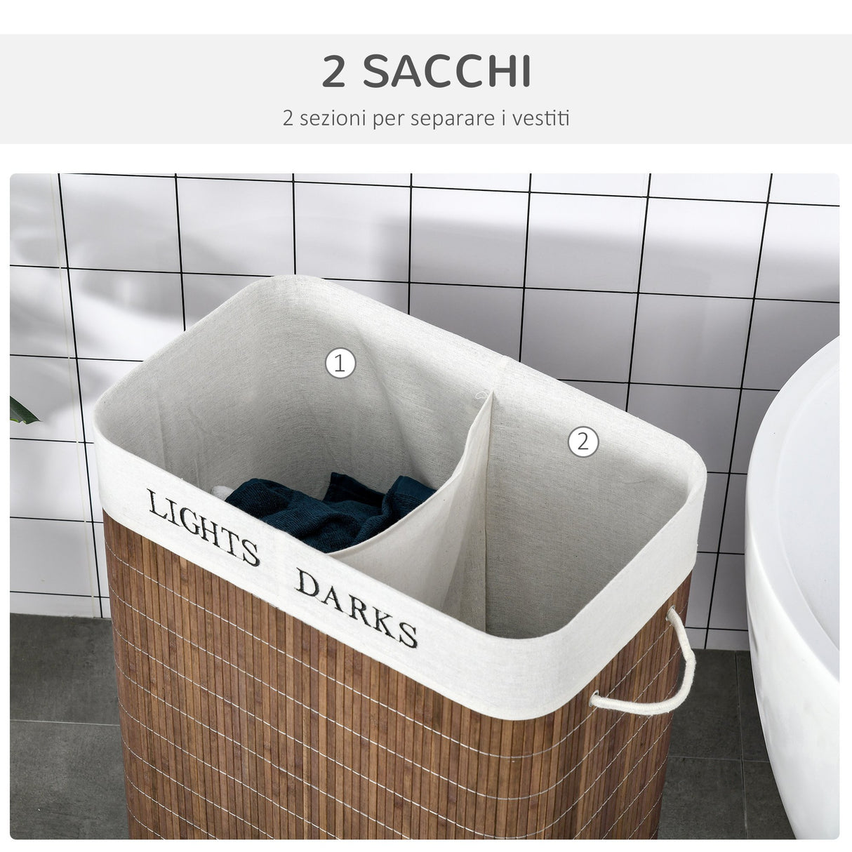 easycomfort easycomfort cesto per biancheria bambu da 100l con 2 scomparti coperchio e maniglie 52x32x63cm marrone
