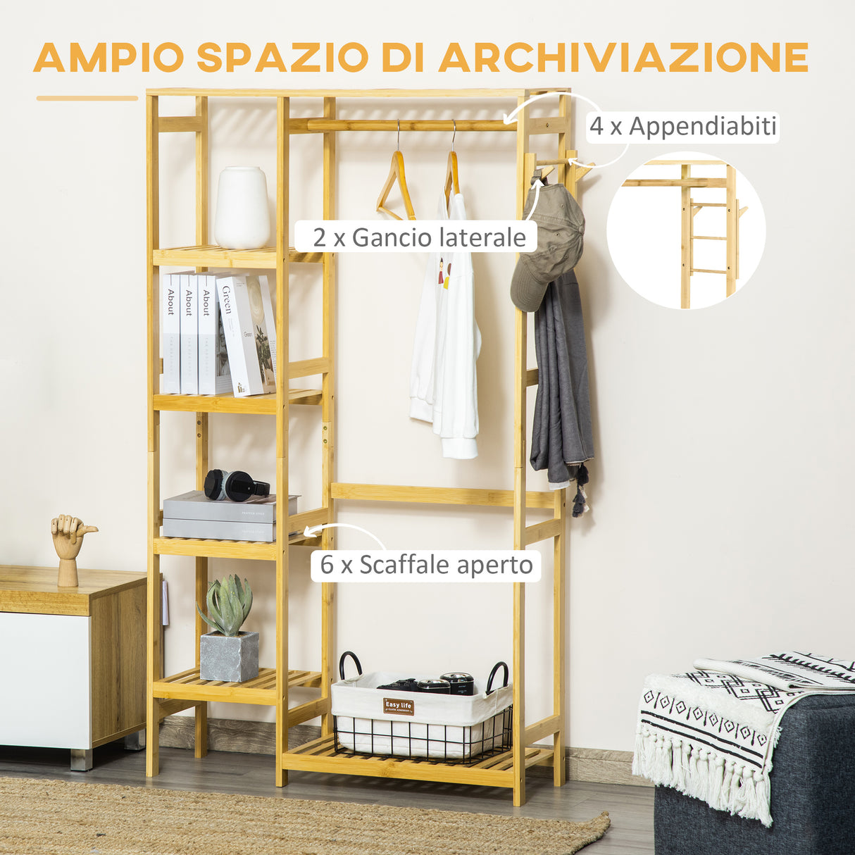 easycomfort easycomfort appendiabiti da terra in legno di bambu attaccapanni con mensole laterali per ingresso e camera da letto 90x30x155cm