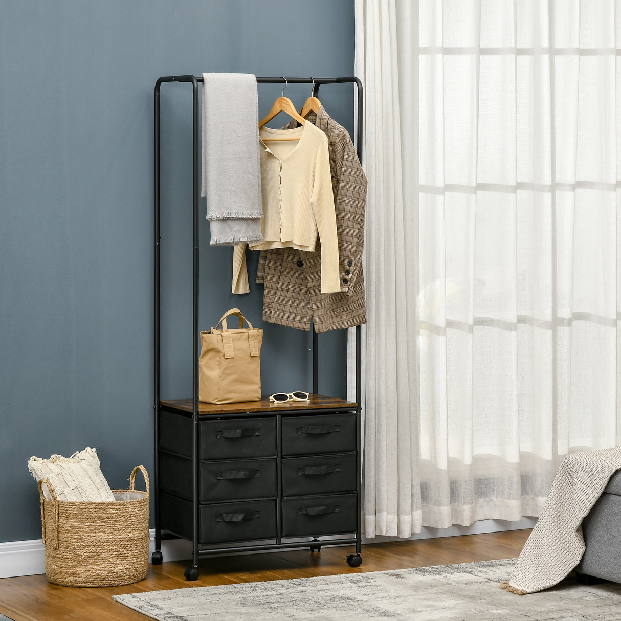 easycomfort easycomfort appendiabiti da terra con mobile da 6 cassetti in tessuto e ripiano aperto 63 5x40x172 5 cm nero e marrone