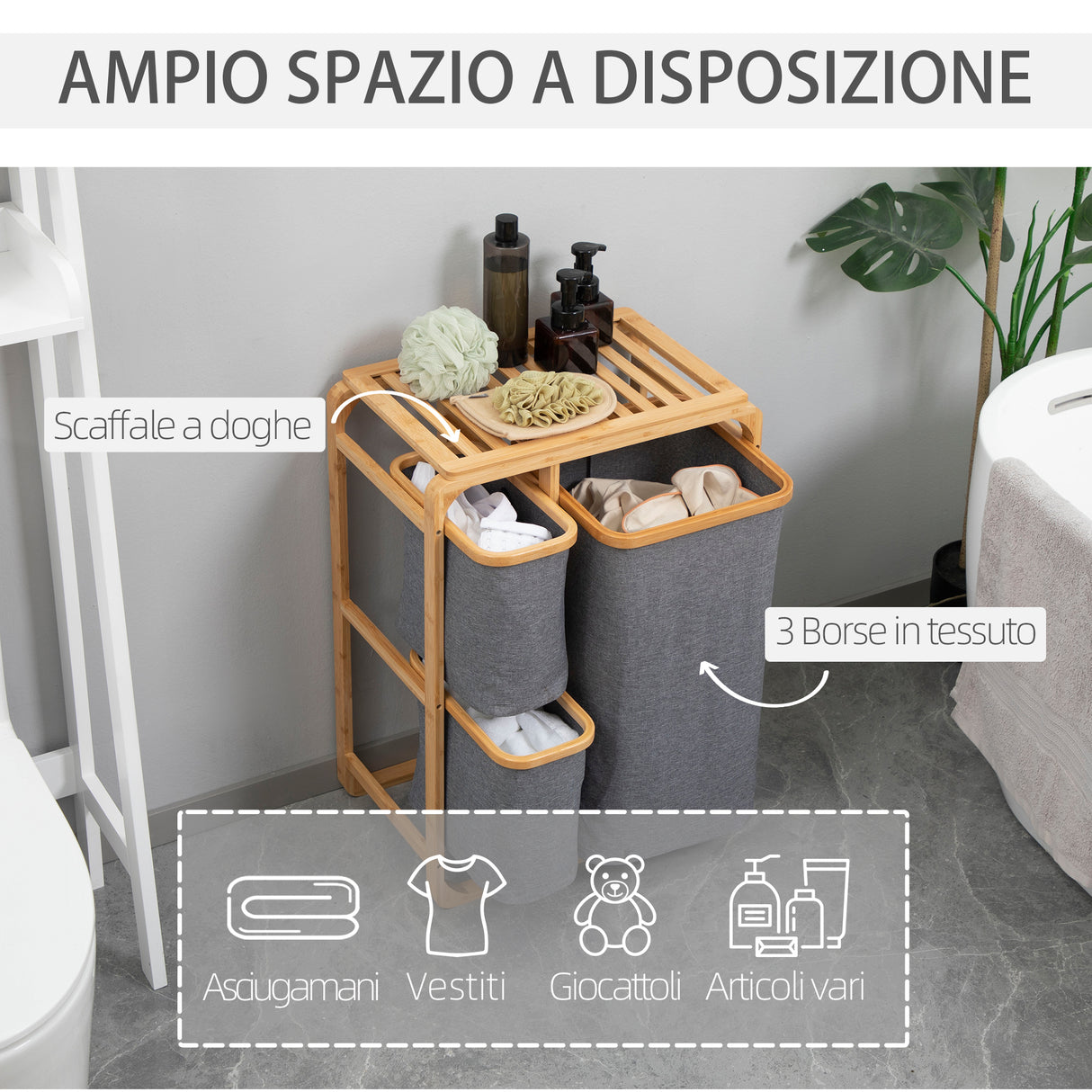 easycomfort easycomfort cesto portabiancheria con 3 scomparti estraibili in tessuto e bambu 50x32x69 7cm