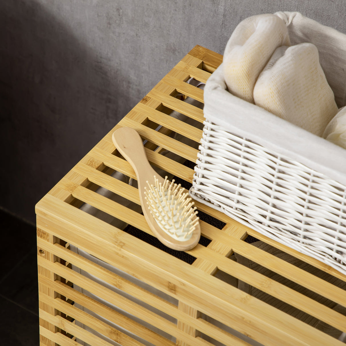 easycomfort easycomfort cesto portabiancheria in bambu con coperchio e sacca in poliestere removibile e lavabile 44x37x62 5 cm color legno