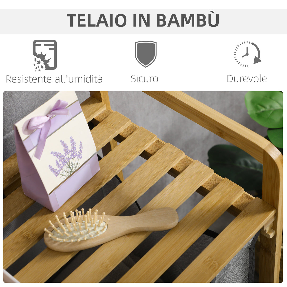 easycomfort easycomfort portabiancheria in legno di bambu con doppio cesto estraibile e ripiano a doghe 63 5x33x73cm grigio