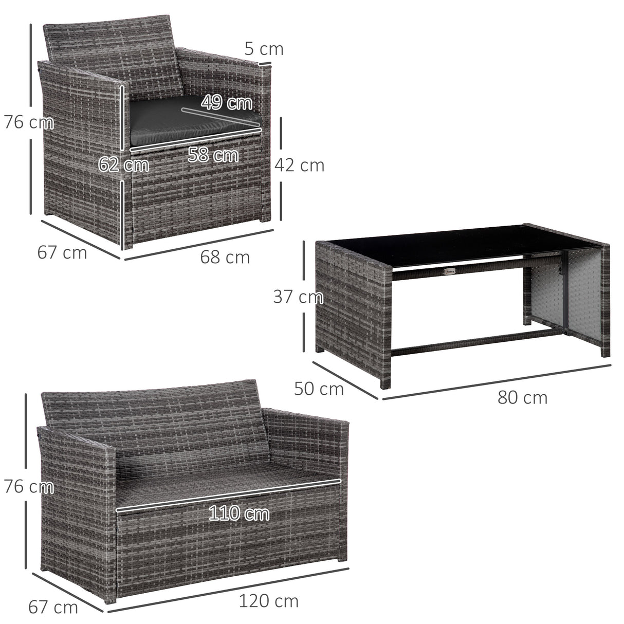 easycomfort easycomfort set 4 p zi mobili da giardino in rattan pe salotto da esterni con tavolo 2 sedie divano due posti grigio