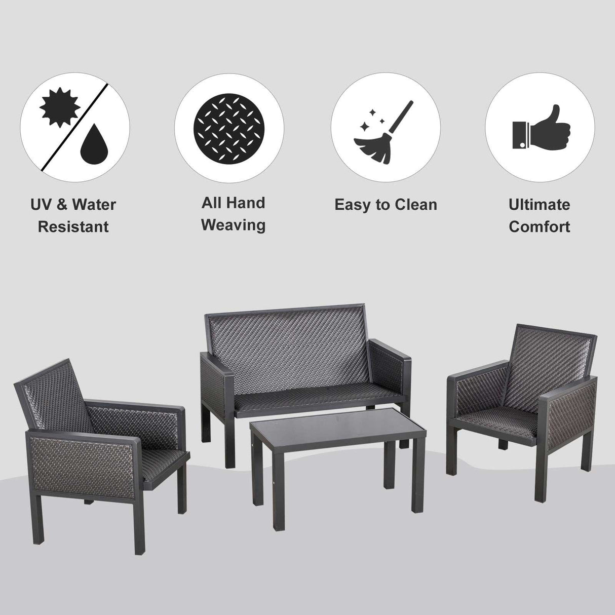 easycomfort salotto da giardino con divanetti e tavolino in rattan pe set 4 pezzi grigio