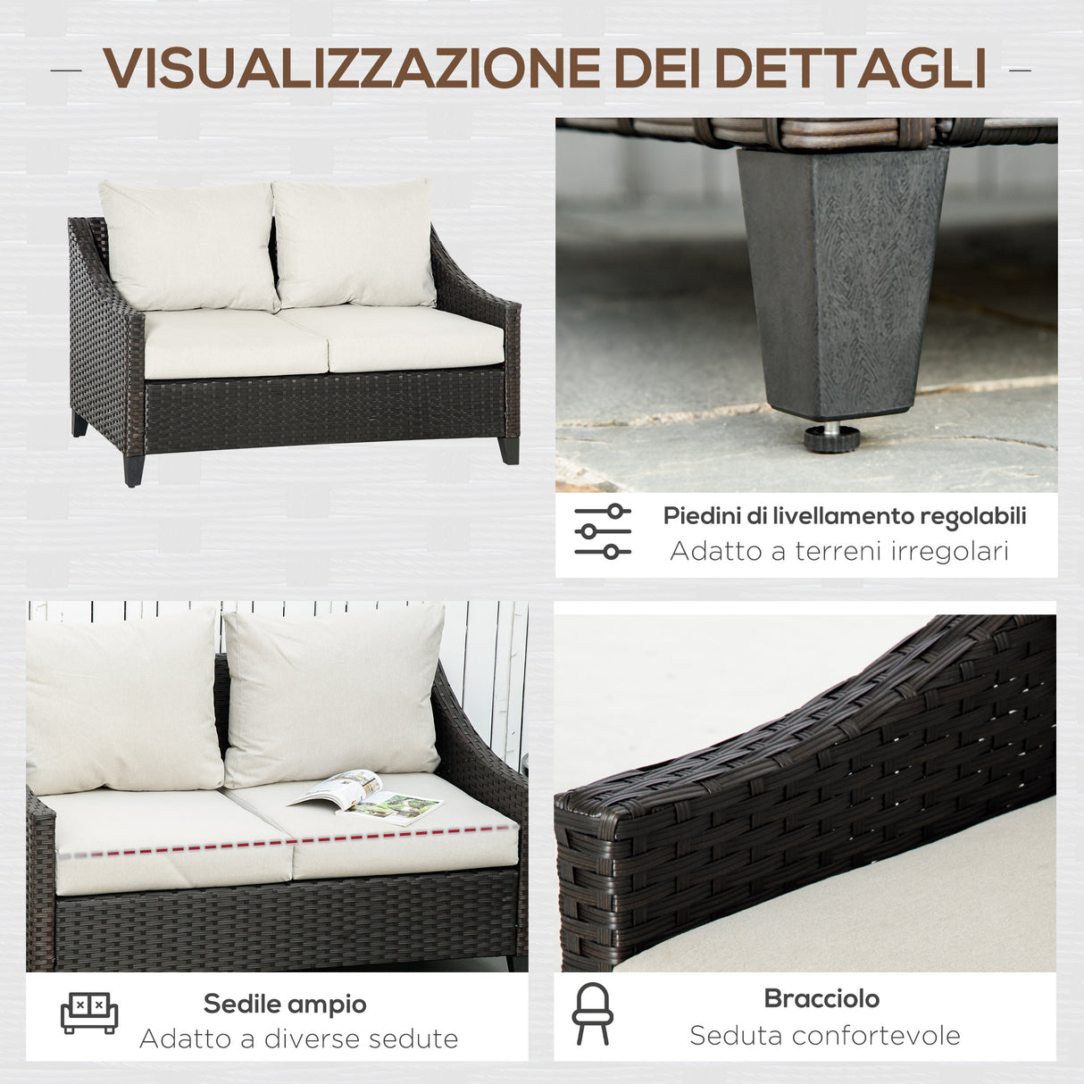 easycomfort divano da giardino 2 posti in rattan pe divano da esterno con cuscini imbottiti e piedini regolabili 132x70x74cm marrone