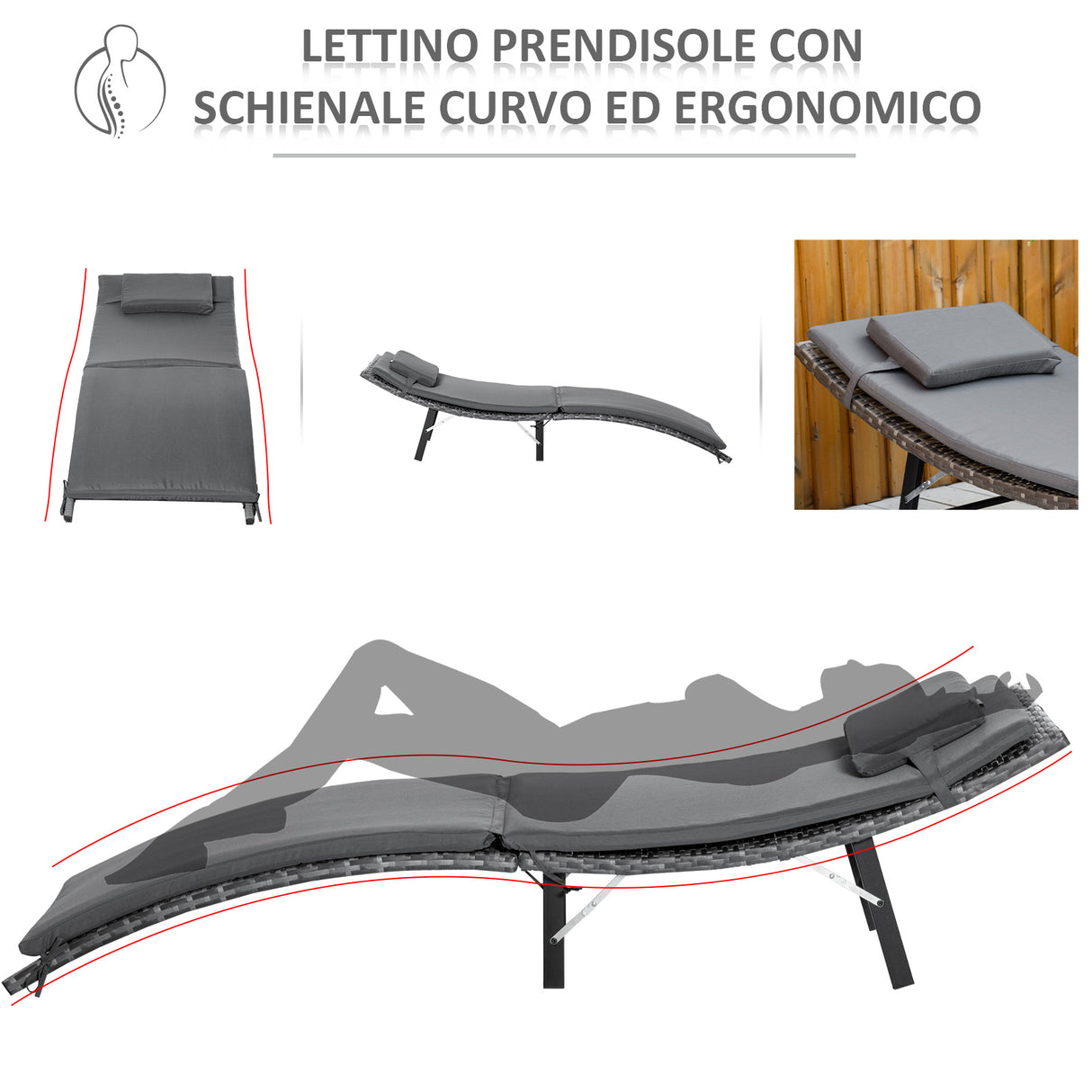 easycomfort lettini prendisole richiudibili con cuscini rimovibili e tavolino pieghevole set 3 pz in rattan grigio 33098