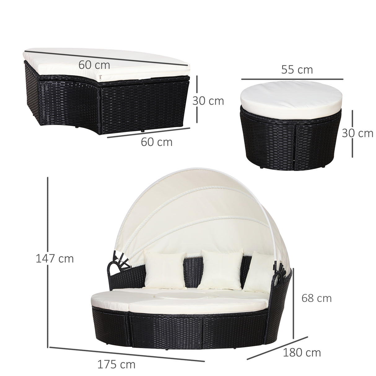 easycomfort easycomfort set 4 pzi divano circolare da giardino mobili componibili rattan nero tettuccio e cuscini beige 180x175x147cm