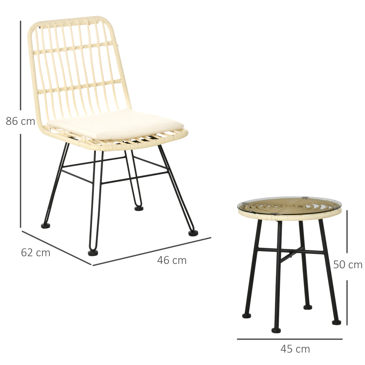 easycomfort set mobili da giardino 3 pezzi con tavolino e sedie in rattan pe poilestere e acciaio per esterni crema