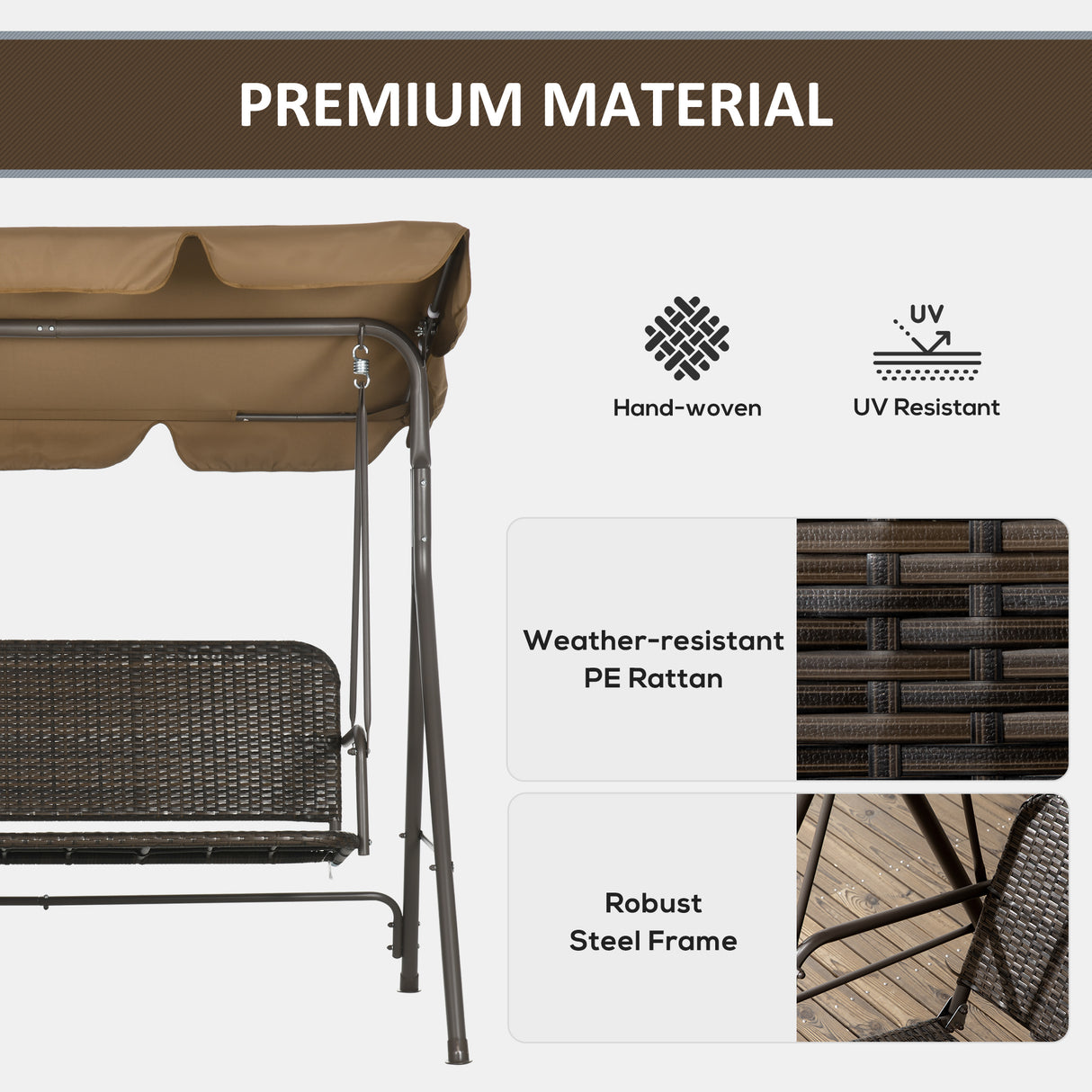 easycomfort dondolo da giardino 3 posti con tettuccio regolabile in rattan pe e acciaio 167x112x153cm