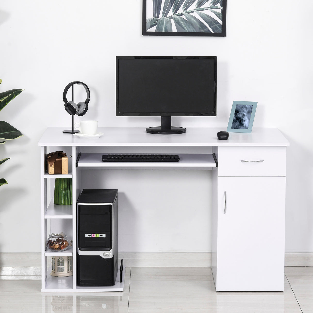 easycomfort easycomfort scrivania per pc ergonomica con mensole armadietto cassetto e piano tastiera estraibile bianca 120x60x74cm ean 8054111849340