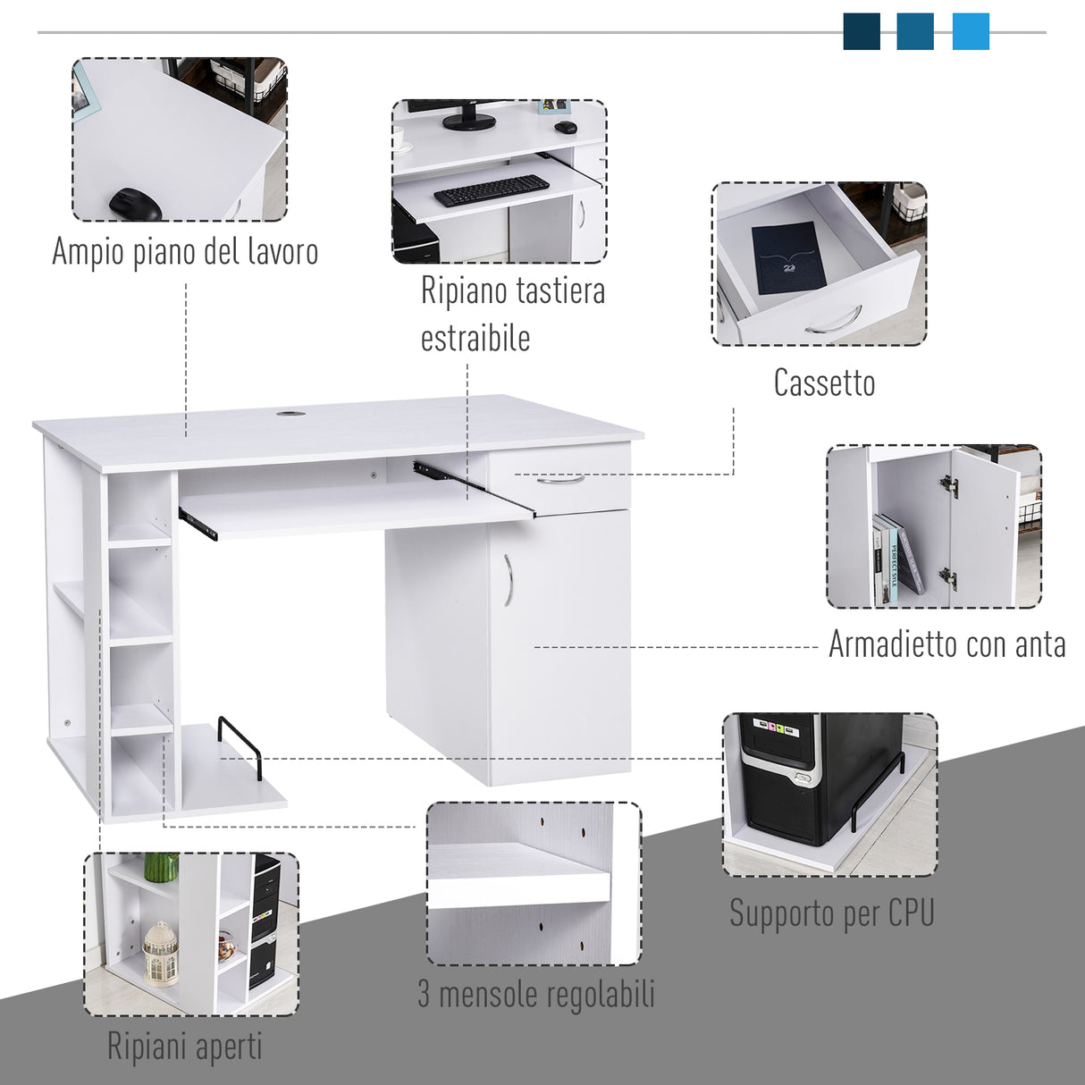 easycomfort easycomfort scrivania per pc ergonomica con mensole armadietto cassetto e piano tastiera estraibile bianca 120x60x74cm ean 8054111849340