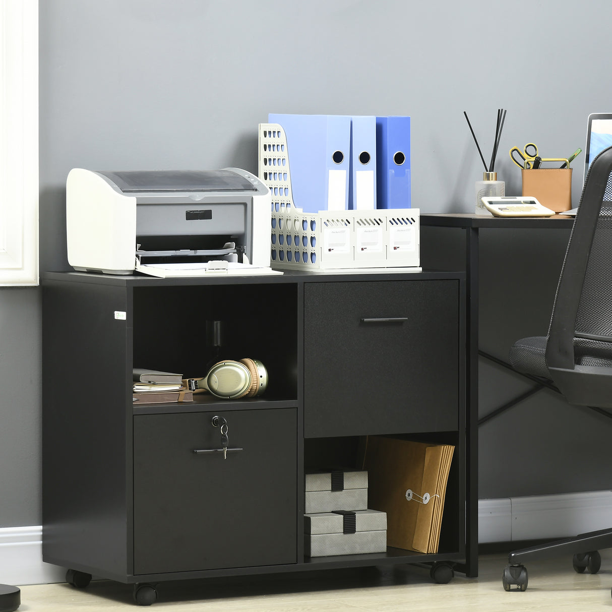 easycomfort easycomfort mobile da ufficio con 2 cassetti porta documenti e ripiani ruote con blocco 80x40x66cm nero