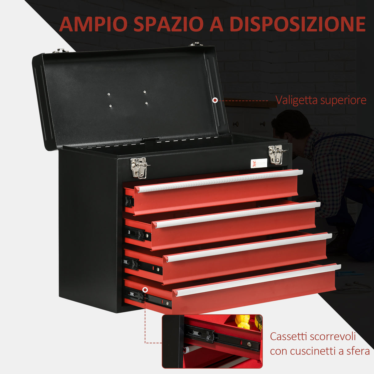 easycomfort cassetta porta attrezzi in acciaio con 4 cassetti e vassoio superiore 51x22x39.5 cm rosso e nero