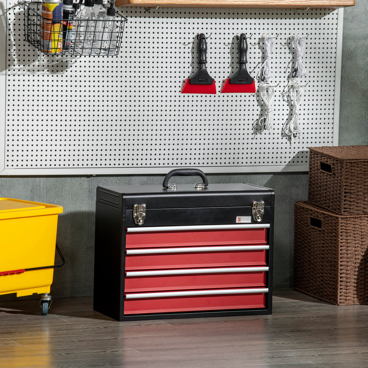 easycomfort cassetta porta attrezzi in acciaio con 4 cassetti e vassoio superiore 51x22x39.5 cm rosso e nero