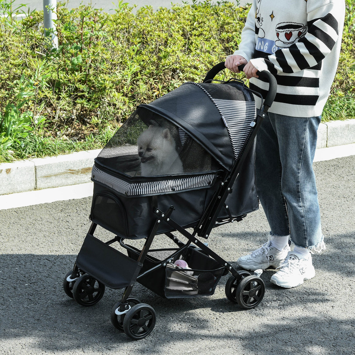 easycomfort passeggino per cani piccoli pieghevole con maniglione girevole ruote in eva e cestino portaoggetti nero