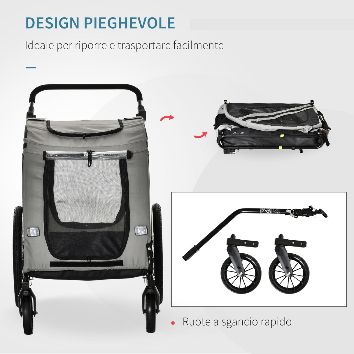 easycomfort rimorchio cani con ingresso a cerniera ruote e bandiera in acciaio e tessuto oxford grigio nero argento