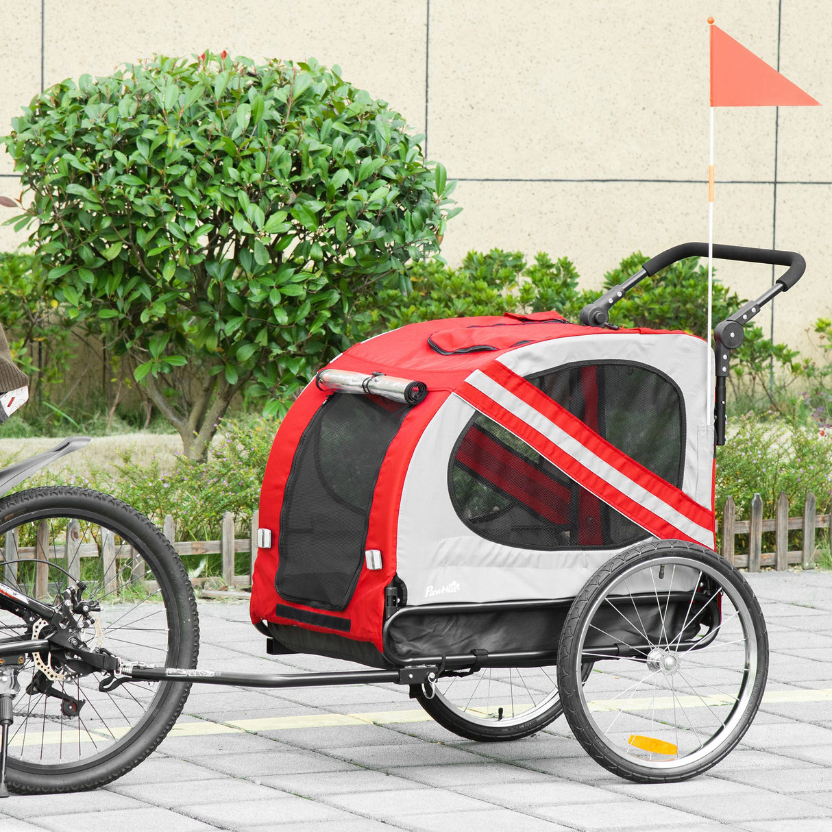 easycomfort rimorchio cani con ingresso a cerniera ruote e bandiera in acciaio e tessuto oxford rosso argento nero