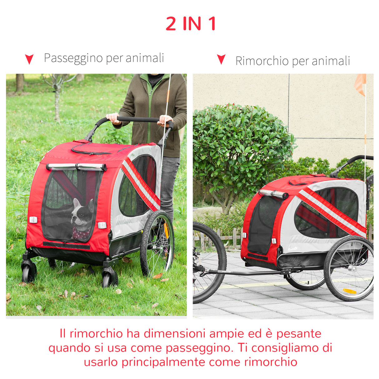 easycomfort rimorchio cani con ingresso a cerniera ruote e bandiera in acciaio e tessuto oxford rosso argento nero