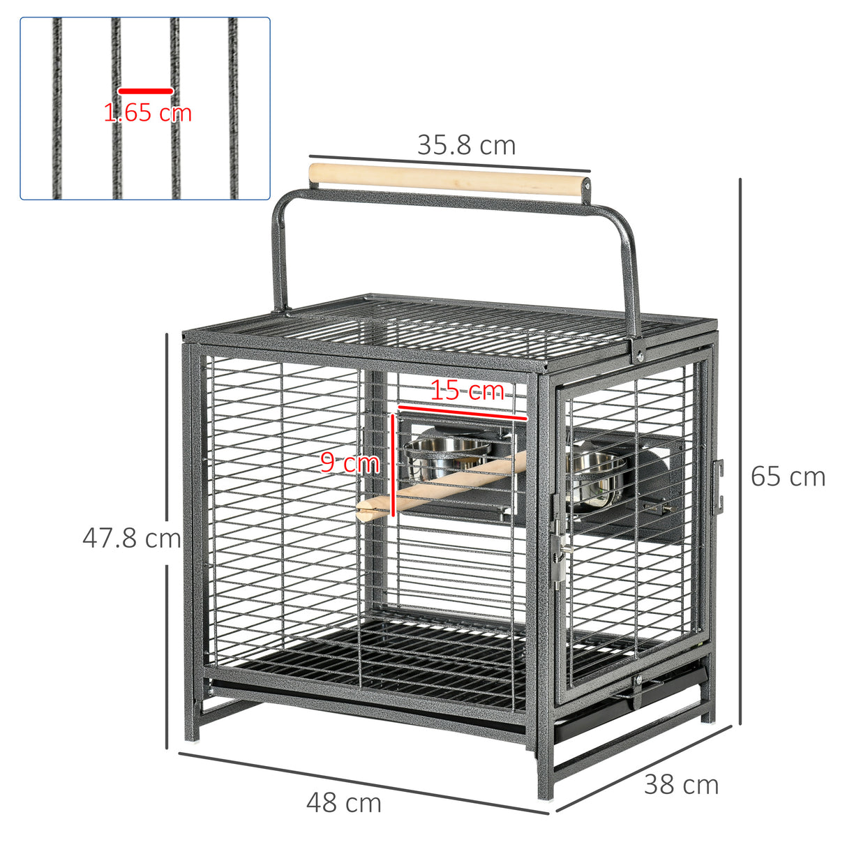 easycomfort easycomfort gabbia per pappagalli con vassoio rimovibile ciotole in acciaio inox e 2 posatoi 48x38x65cm nero
