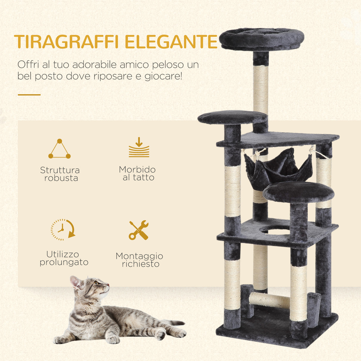 easycomfort easycomfort albero tiragraffi per gatti a 4 livelli in peluche sisal naturale grigio 40x40x132cm