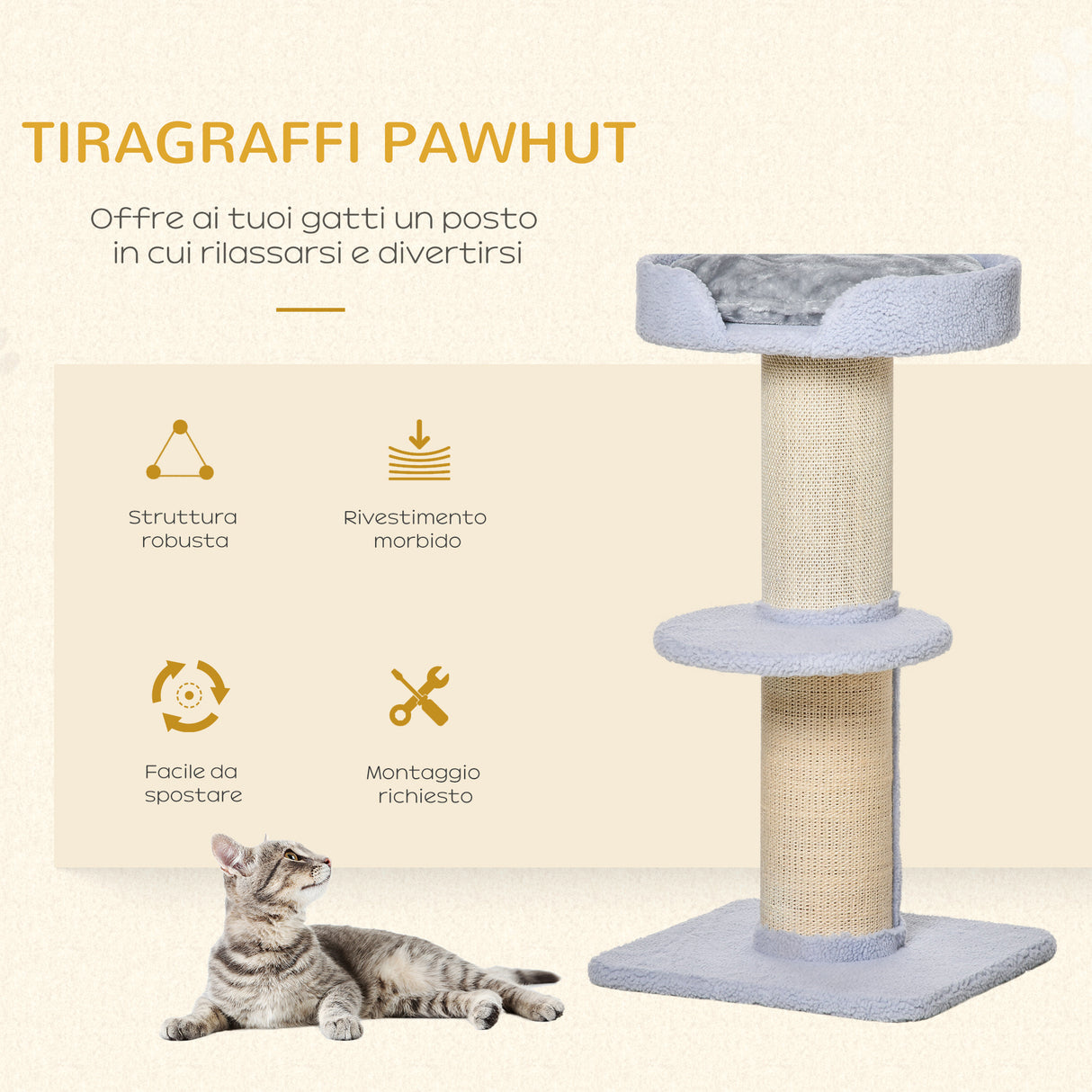 easycomfort tiragraffi per gatti con lettino rivestimento peluche e palo in sisal 45x45x91cm azzurro