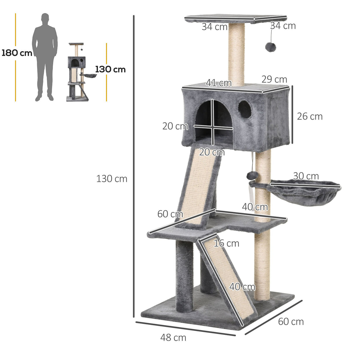 easycomfort easycomfort albero tiragraffi accessoriato con cuccia lettino sospeso e 2 pedane in peluche grigio