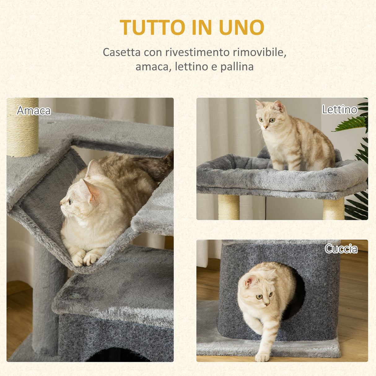 easycomfort easycomfort albero tiragraffi con corde sisal casetta e amaca rivestimento peluche e feltro altezza 100cm grigio