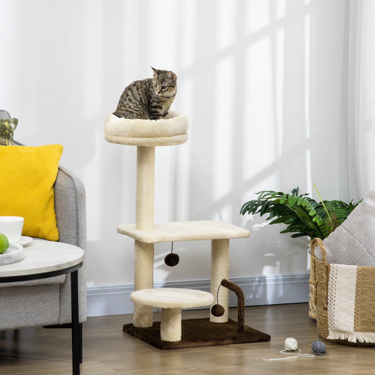 easycomfort albero tiragraffi per gatti con palo in sisal posatoio e palline da gioco in truciolato e peluche 44x38x74 cm
