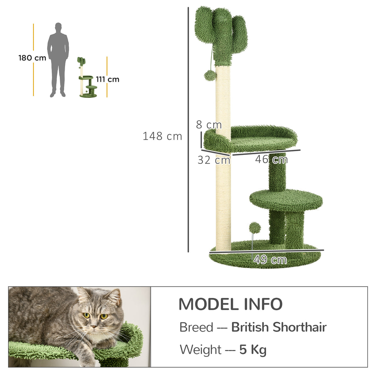 easycomfort easycomfort albero per gatti a forma di cactus con tiragraffi e 2 palline da gioco 35x31x55 5 cm verde e bianco