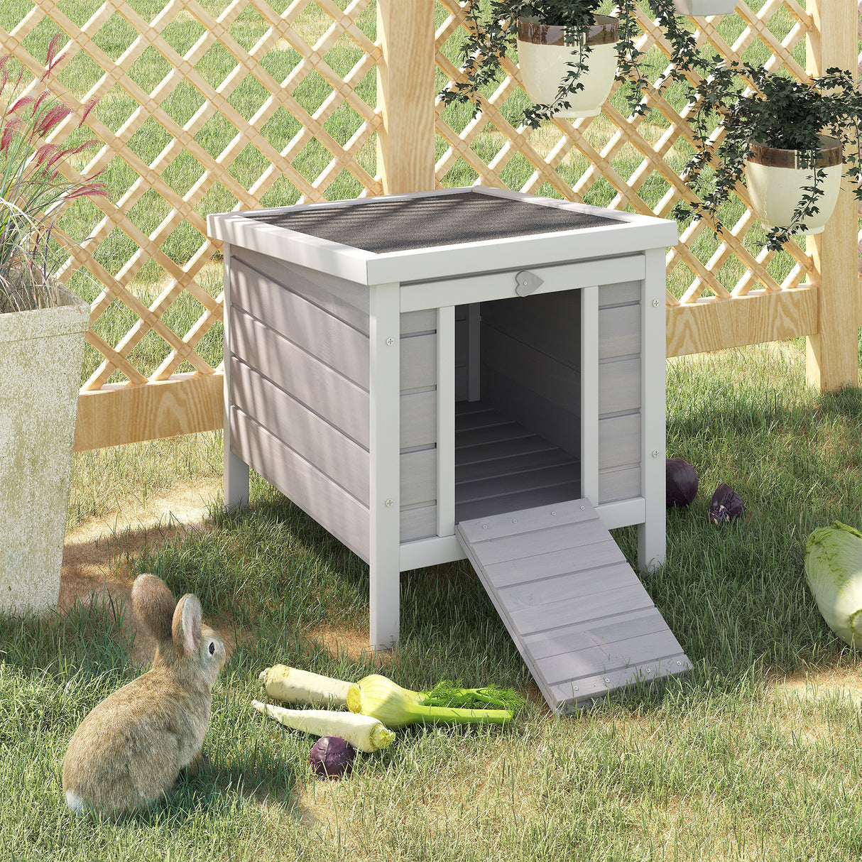easycomfort gabbia per conigli in legno da esterno con tetto in asfalto e rampa antiscivolo 42x51x43cm grigia