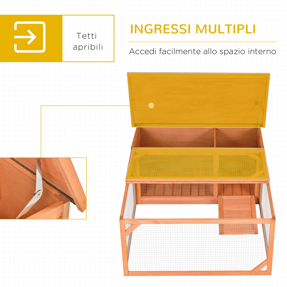 easycomfort conigliera da esterno e interno in legno con casetta e area aperta recintata 125.5x100x49cm arancione