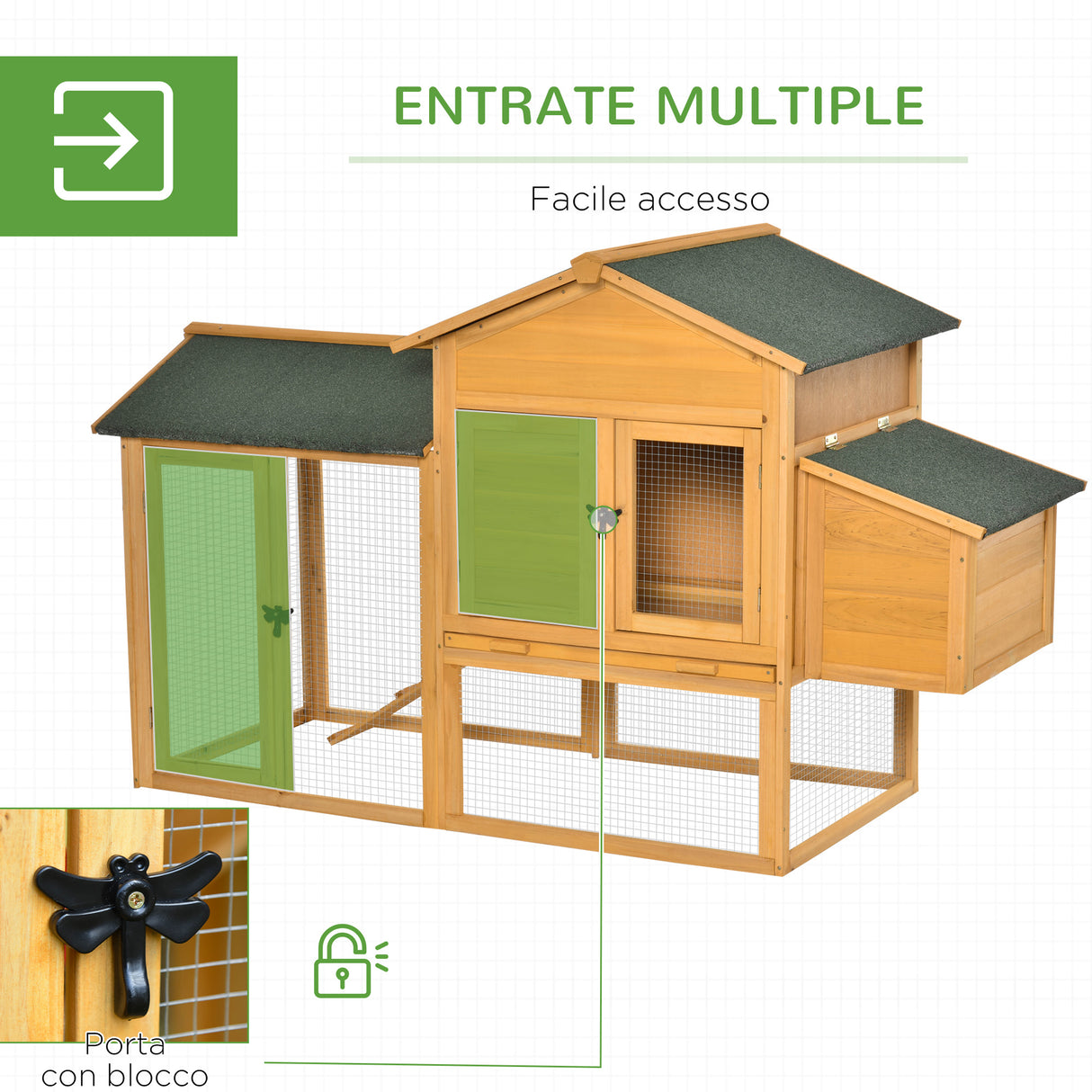 easycomfort easycomfort gabbia per galline con casetta e area aperta nido con tetto apribile e rete metallica pollaio in legno giallo 168x75x103cm