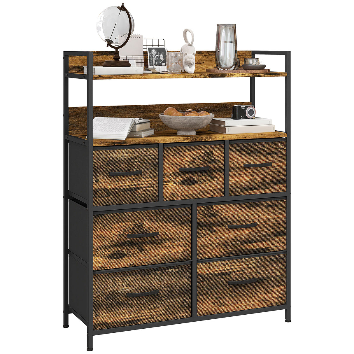 easycomfort easycomfort cassettiera 7 cassetti rimovibili con 2 ripiani industriale in legno e acciaio 79x29x101 cm marrone e nero