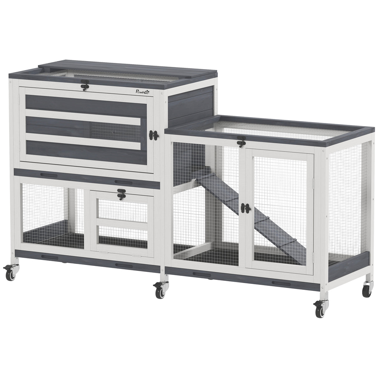 easycomfort easycomfort conigliera a 2 livelli con rampa e 3 vassoi in legno di abete e acciaio 147x45x89 5 cm grigio e bianco