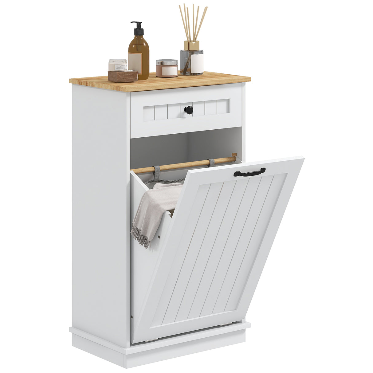 easycomfort easycomfort mobiletto bagno in legno con cesto portabiancheria in tessuto ribaltabile e cassetto bianco