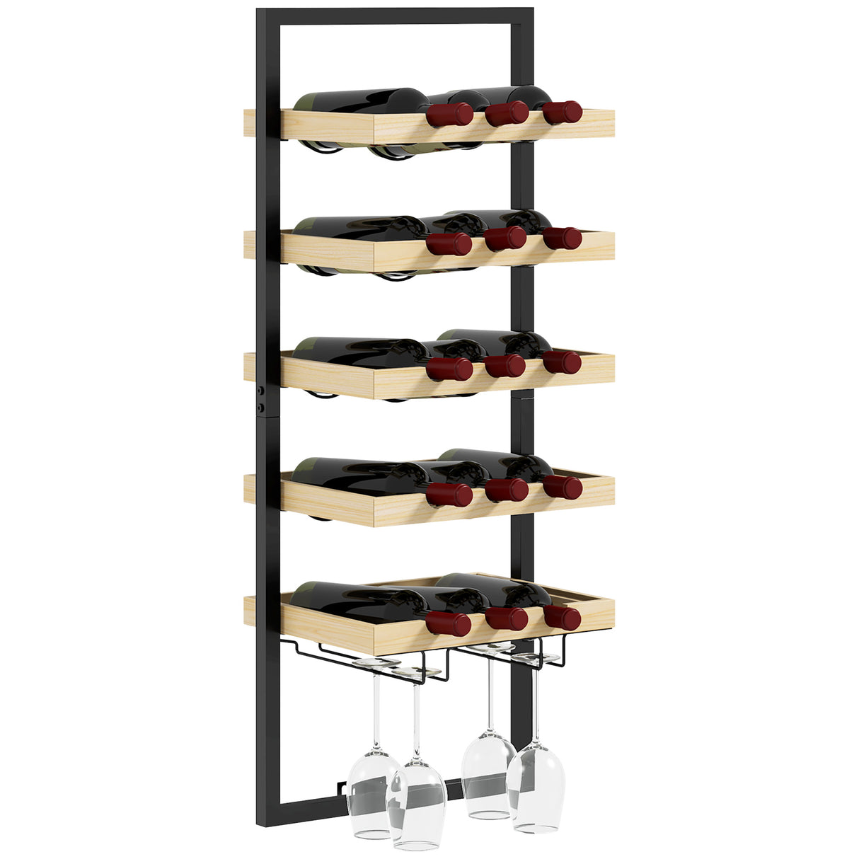 easycomfort easycomfort portabottiglie da parete in legno e acciaio per 15 bottiglie di vino e 4 calici 35x25x86cm