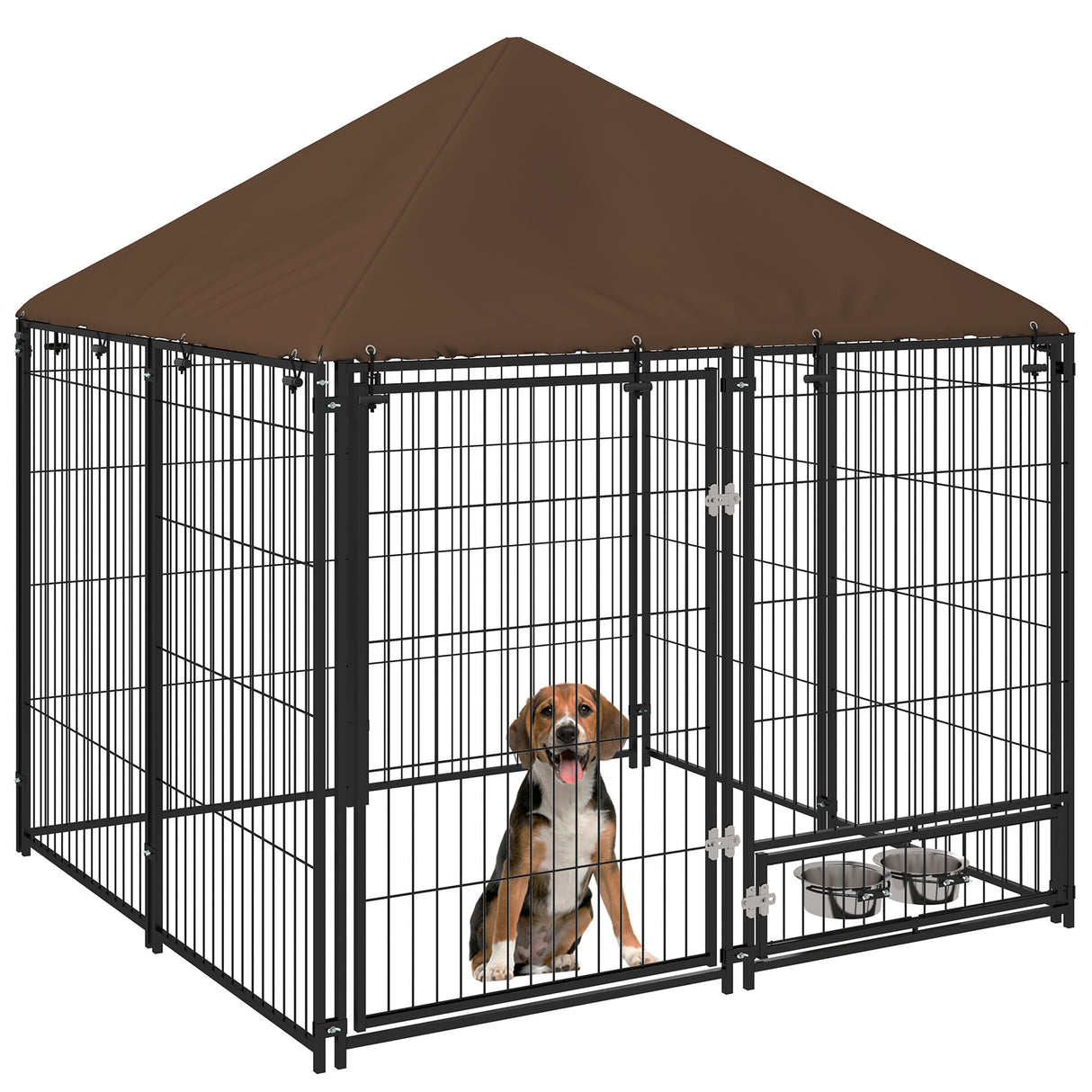 easycomfort easycomfort recinto per cani in metallo e tessuto oxford con porticina per ciotole 141x141x151 cm nero e marrone