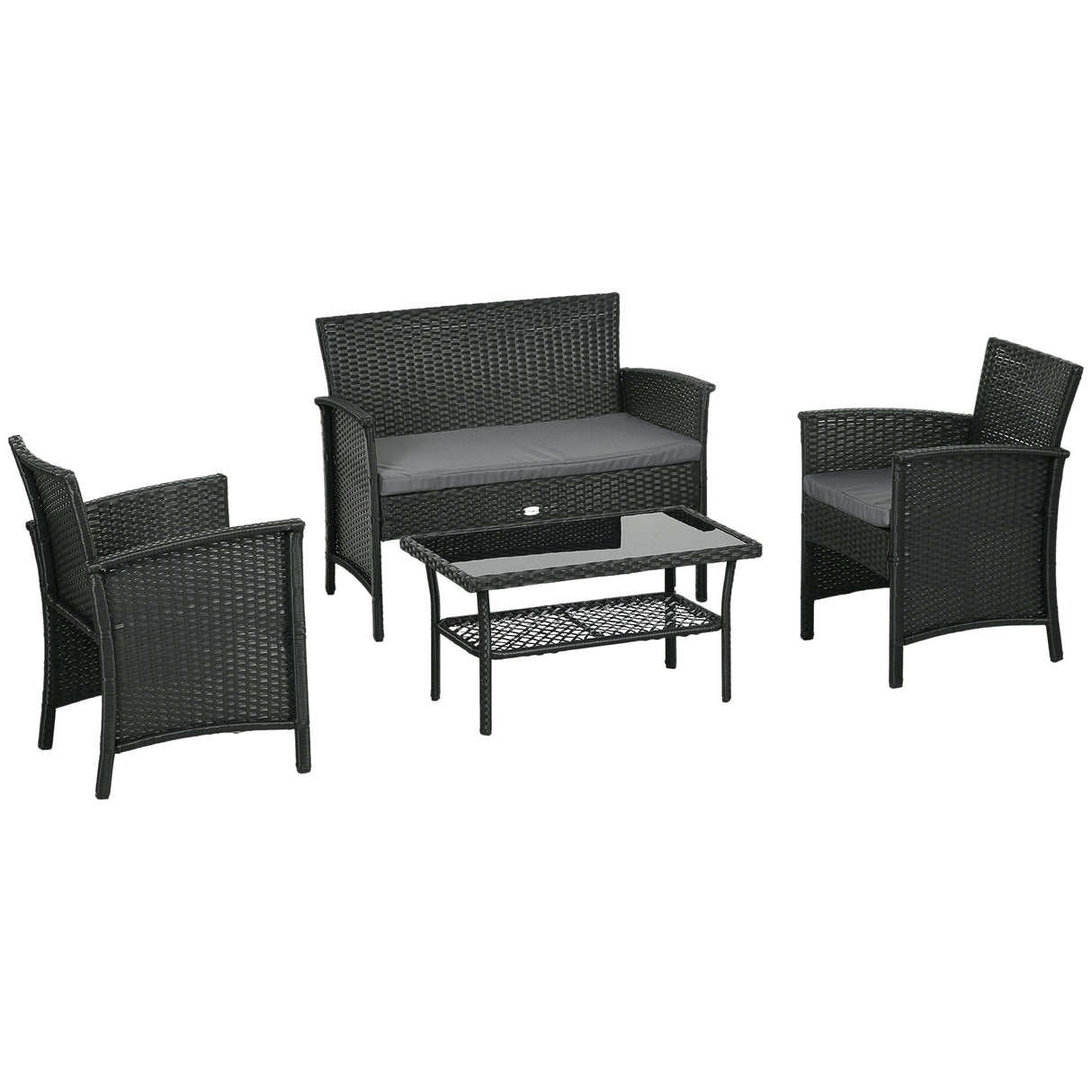 easycomfort easycomfort salotto da esterno rattan pe con divanetto 2 poltrone con cuscini e tavolino in vetro nero e grigio