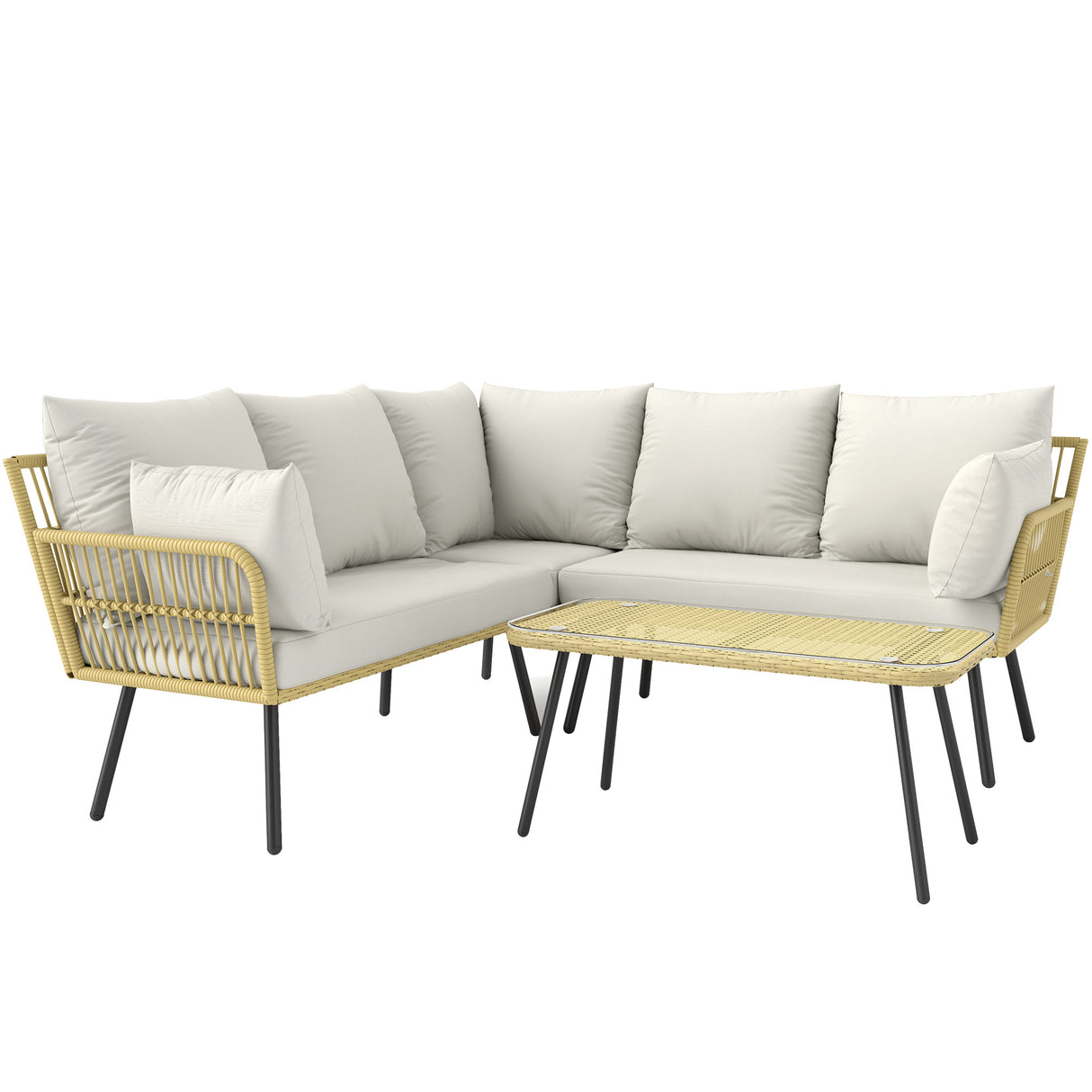 easycomfort easycomfort set da giardino 4 pezzi in rattan pe con tavolino da esterni 90x45x42 cm e 2 divanetti per esterni 6ex63x74 cm bianco crema
