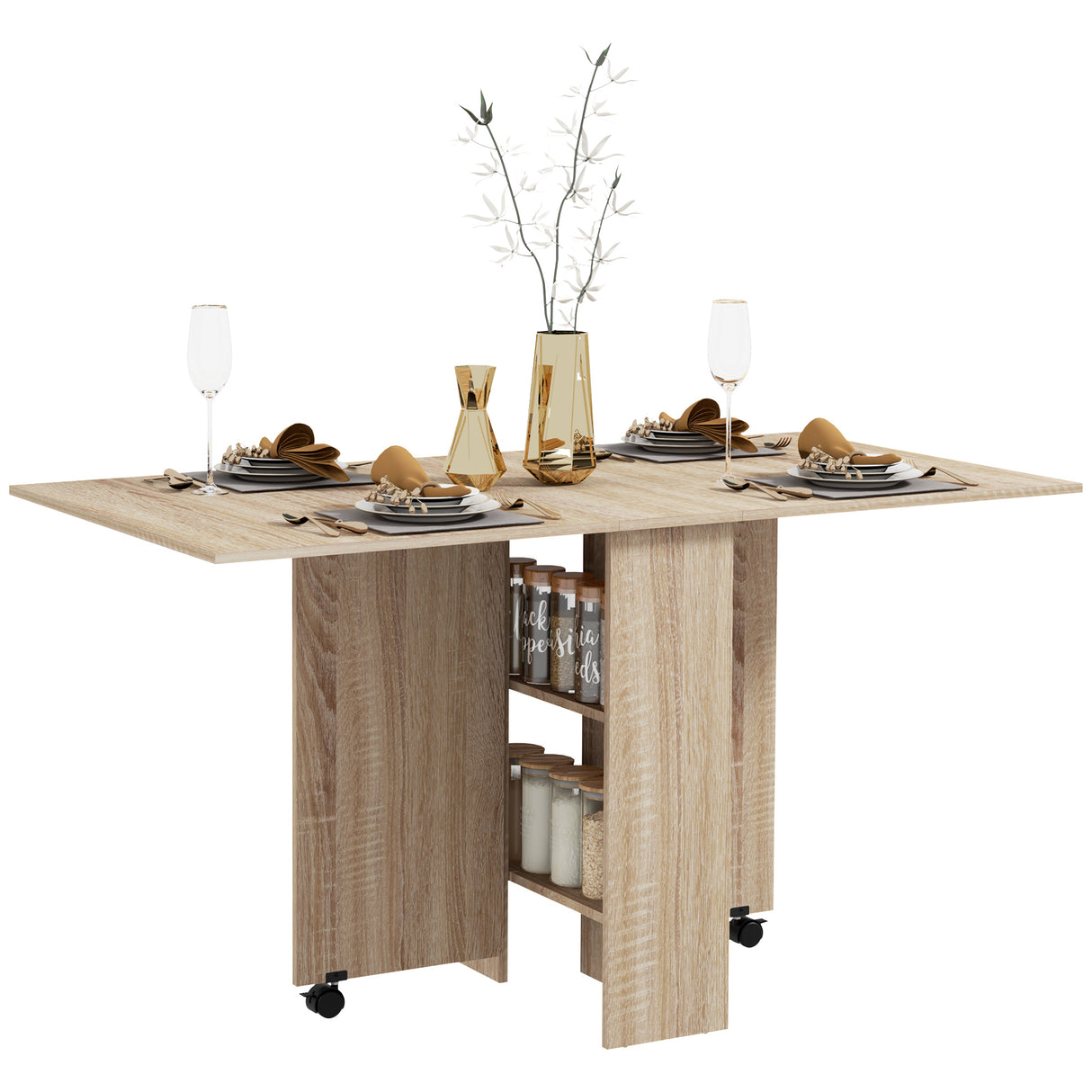easycomfort easycomfort tavolo pieghevole con 2 ribalte per 6 persone con ripiani e rotelle integrate legno naturale