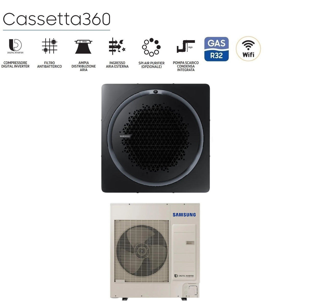climatizzatore condizionatore samsung inverter cassetta 360 42000 btu ac120mn4pkh eu monofase r 410 wi fi optional con comando wireless incluso disponibili vari pannelli