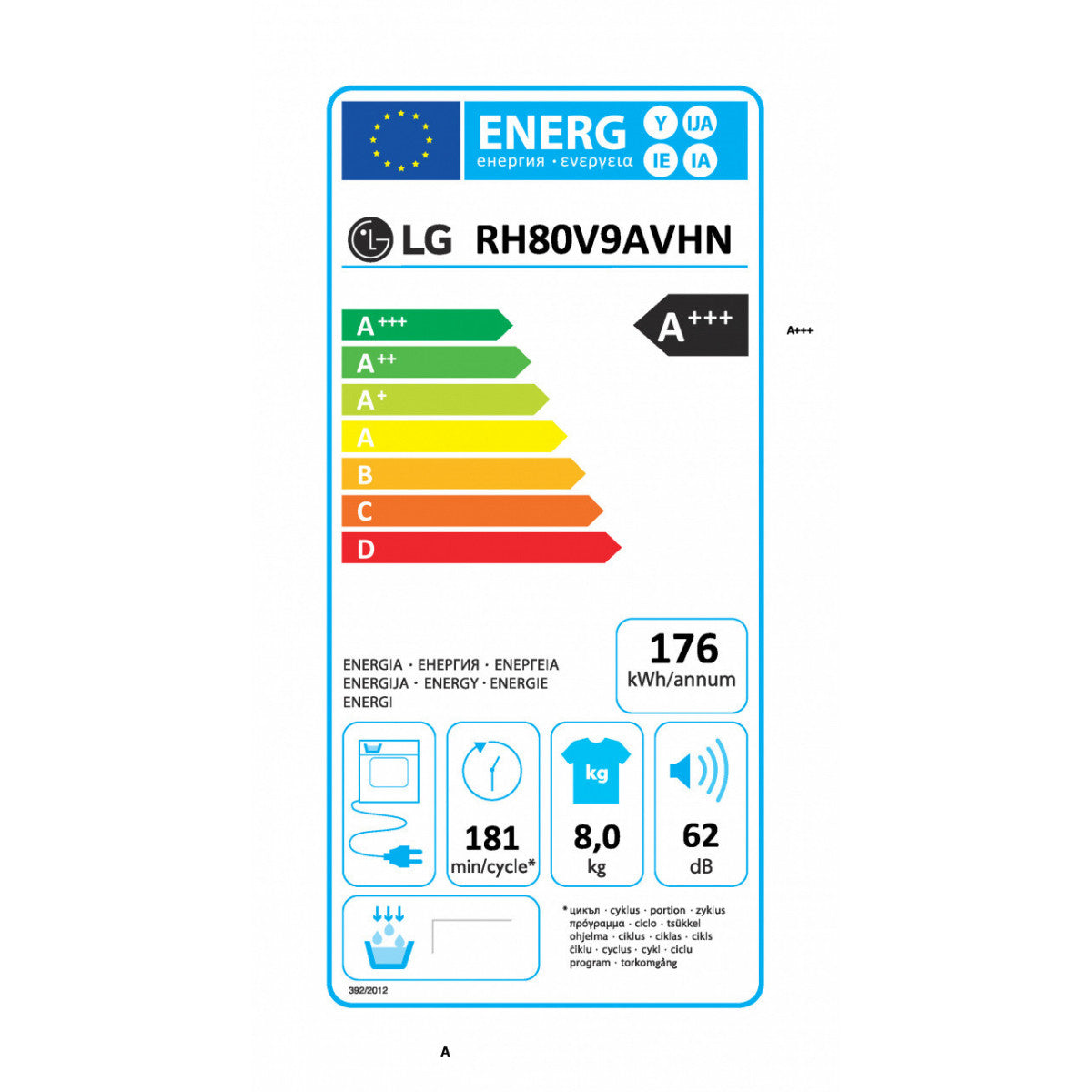 asciugatrice smart 8 kg lg rh80v9avhn heat pump eco hybrid classe a___
